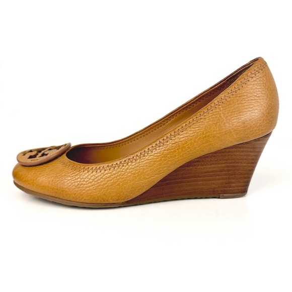 Tory Burch Sally Tumbled Leather Wedge Pump Royal Tan Brown Size 7.5 - Picture 2 of 13